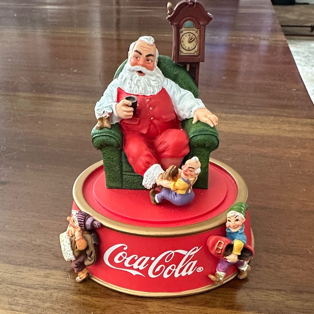 Coca-Cola Santa in Green Chair with Red Base and Gold Trim
